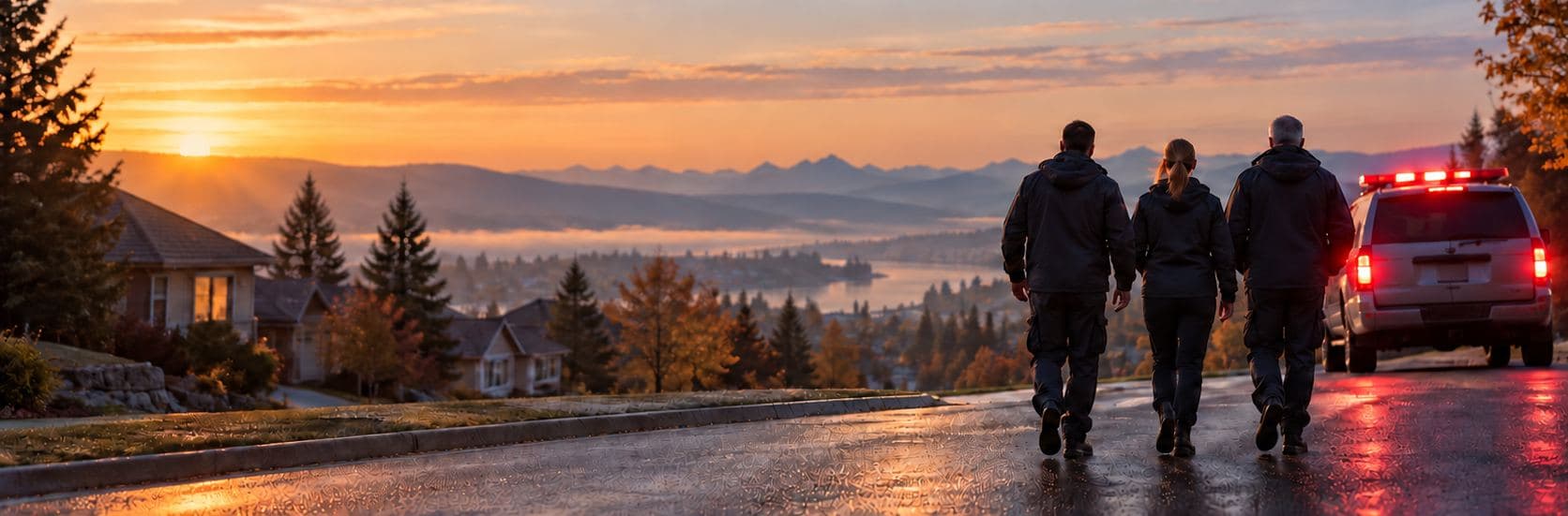 Three responders walk toward their vehicle at sunrise