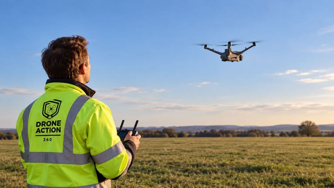 Pilote en veste haute visibilité aux commandes d’un drone sur un terrain d’entraînement